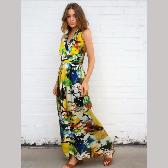 Ellen Tracy Yellow Floral Halter Fit & Flare Summer Party Resort Maxi Dress 4 - Picture 1 of 14
